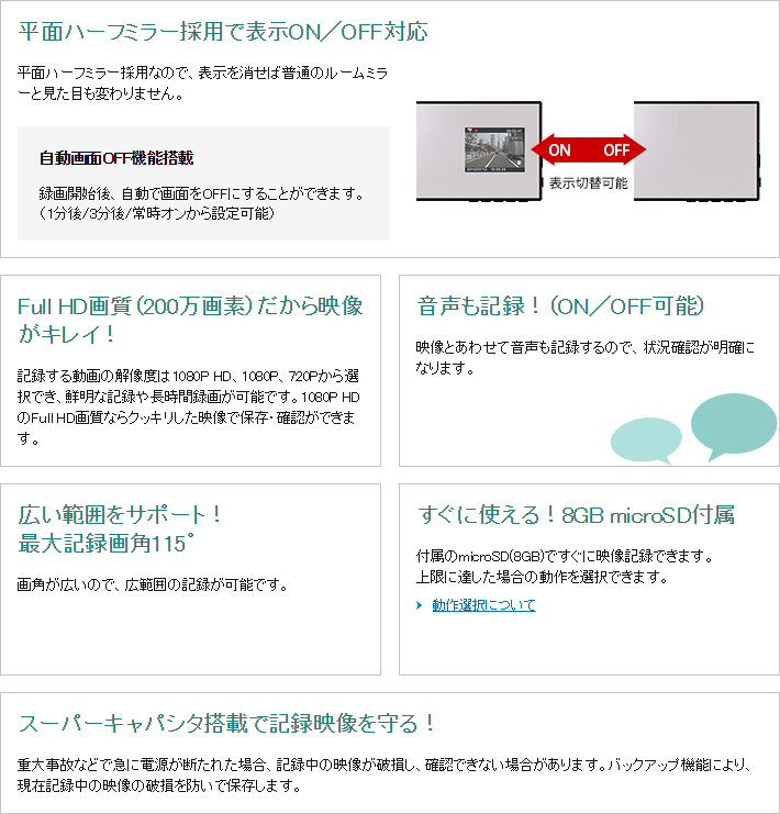 平面ハーフミラー採用で表示ON/OFF対応