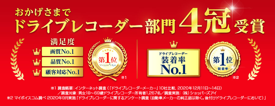 おかげさまでドライブレコーダー部門4冠受賞!お客様満足度・ドラレコ装着率No.1
